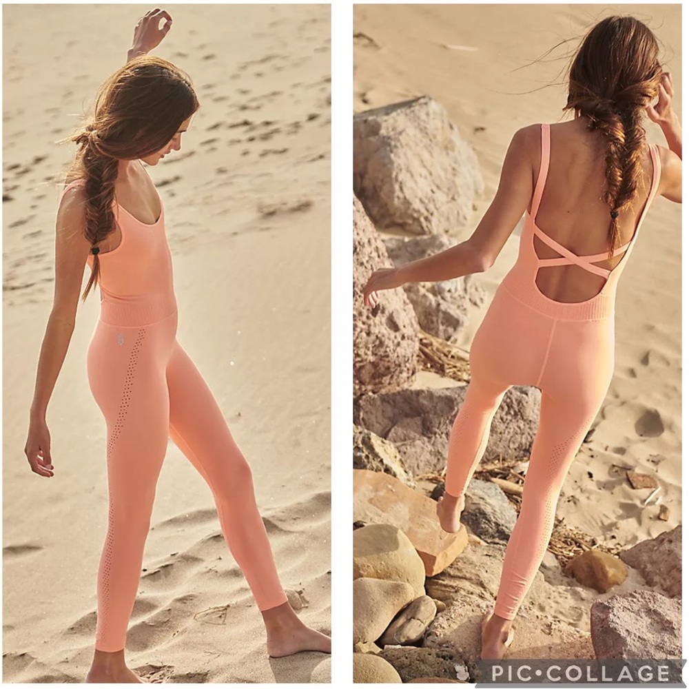 NEW! $98 FREE PEOPLE Movement Good Karma Onesie Neon Peach Coral XS/S